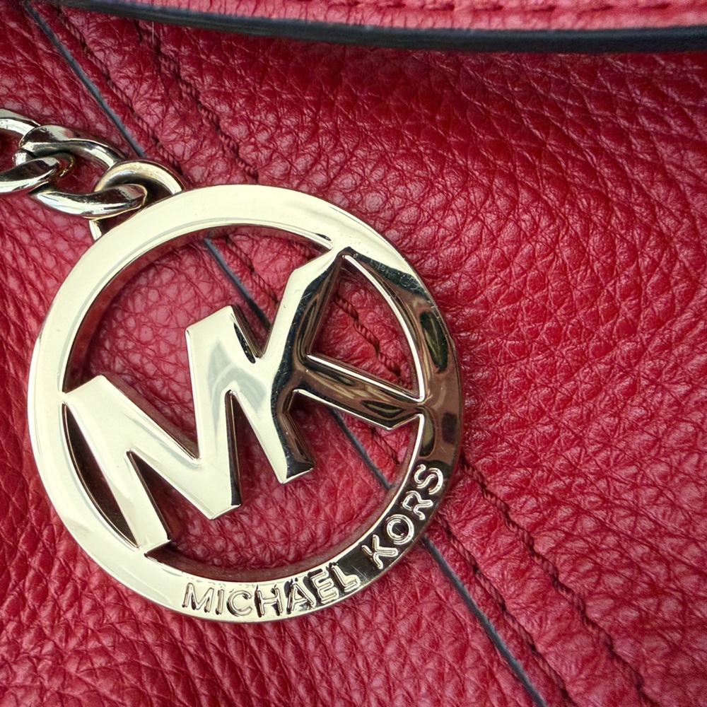 Michael Kors Red Leather Tote Bag Gold Hardware Zip Accents Shoulder Bag - Picture 7 of 12